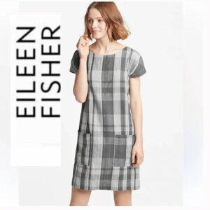 Eileen Fisher Plaid Shift Dress Organic Linen Cotton V-Back Grey SIZE LARGE